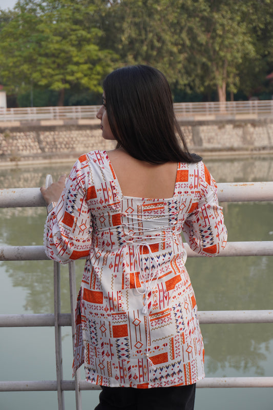 White & Orange Printed Short Kurti