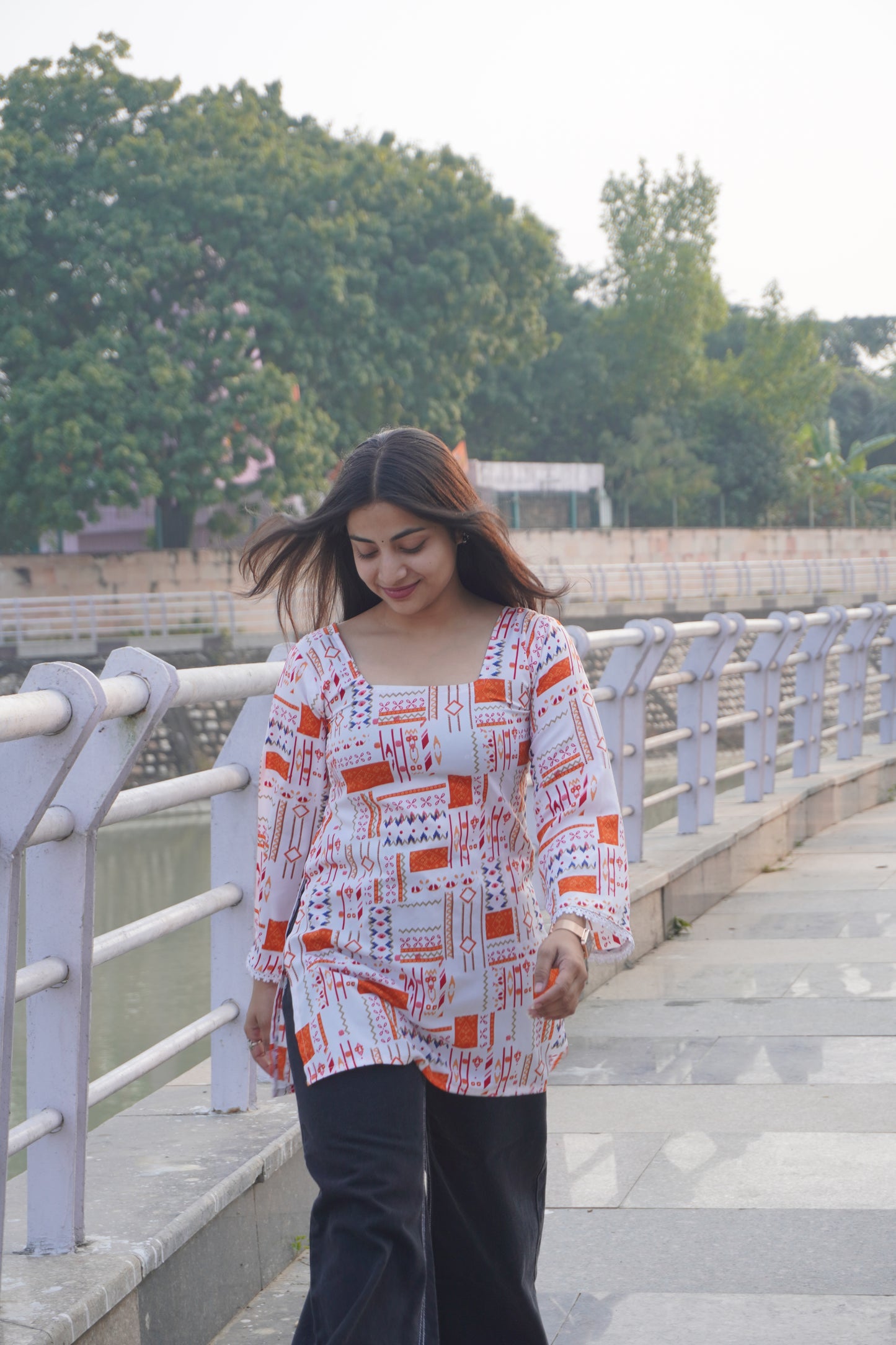 White & Orange Printed Short Kurti