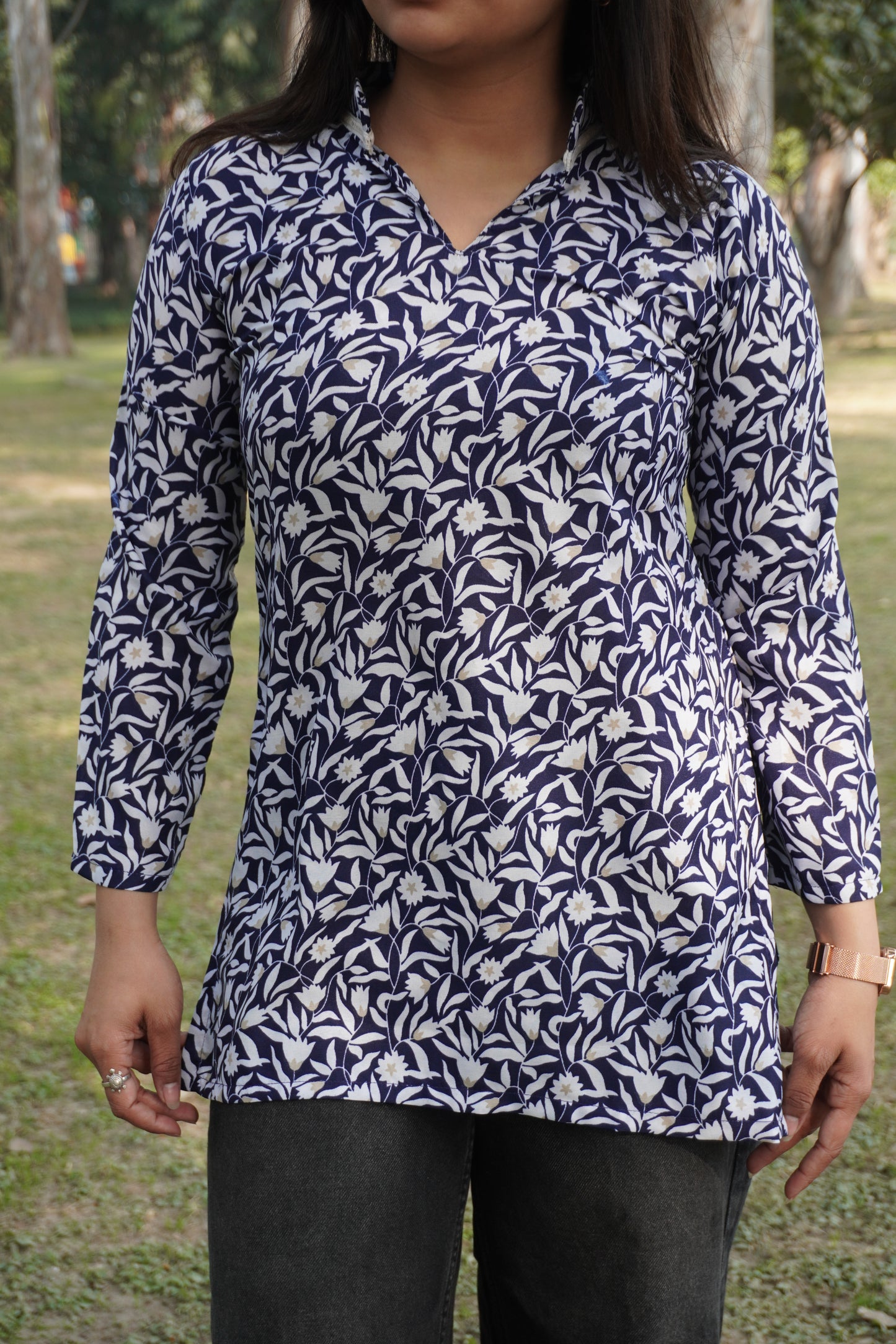 Navy Blue Floral Print Long Sleeve Kurti
