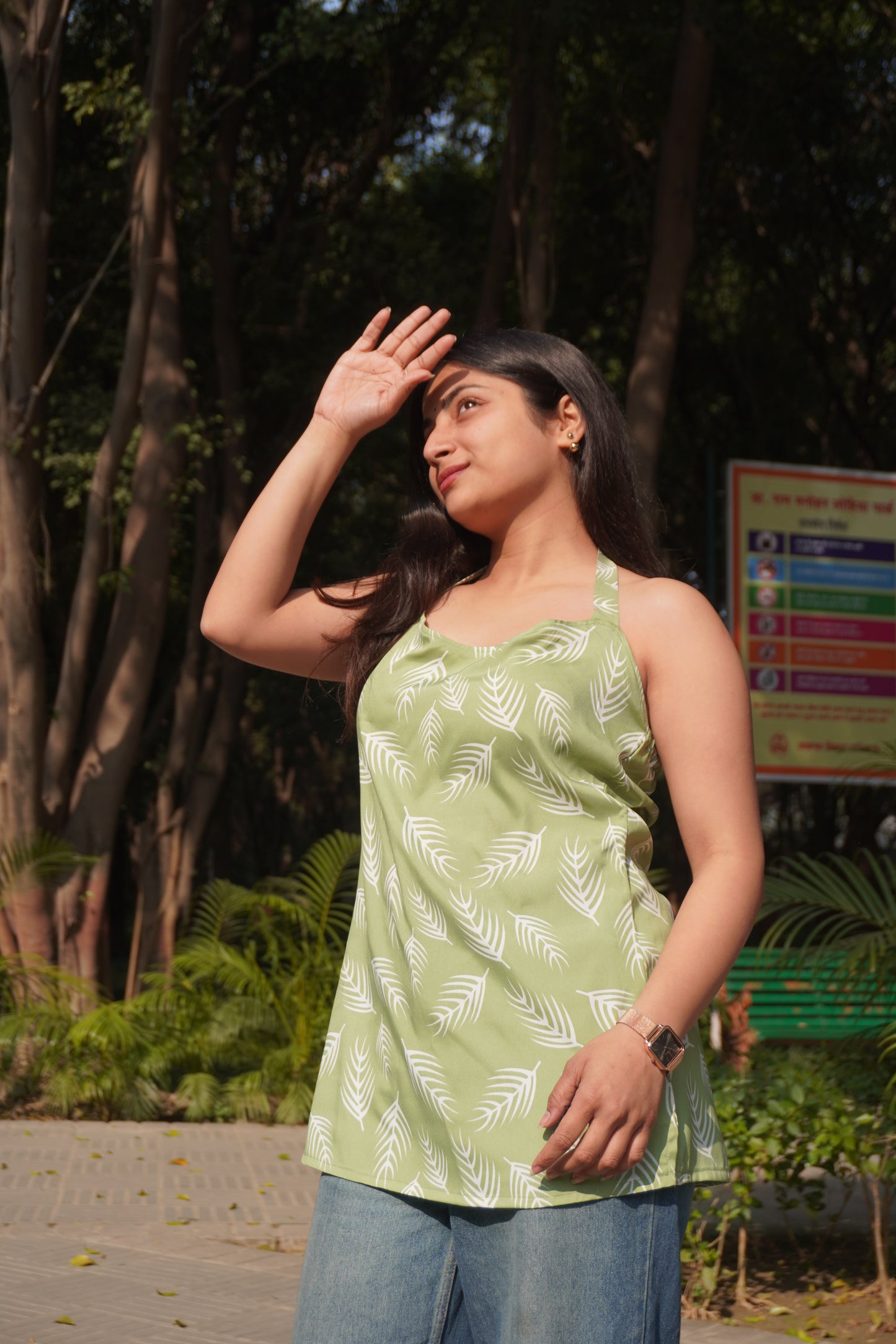 Green Printed Sleeveless Kurti Top