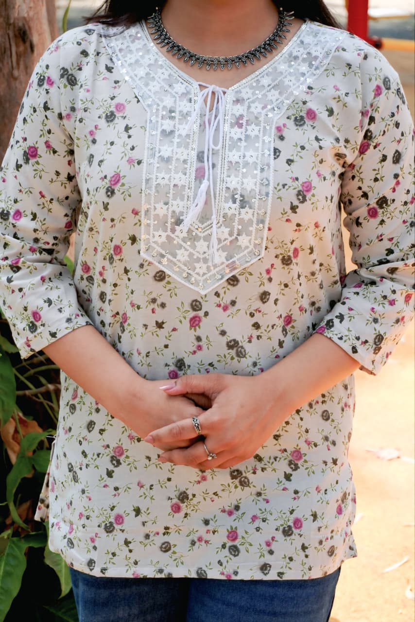 Beige Floral Women’s Short Kurti Top