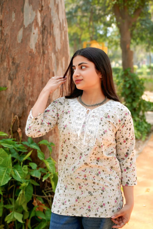 Beige Floral Women’s Short Kurti Top