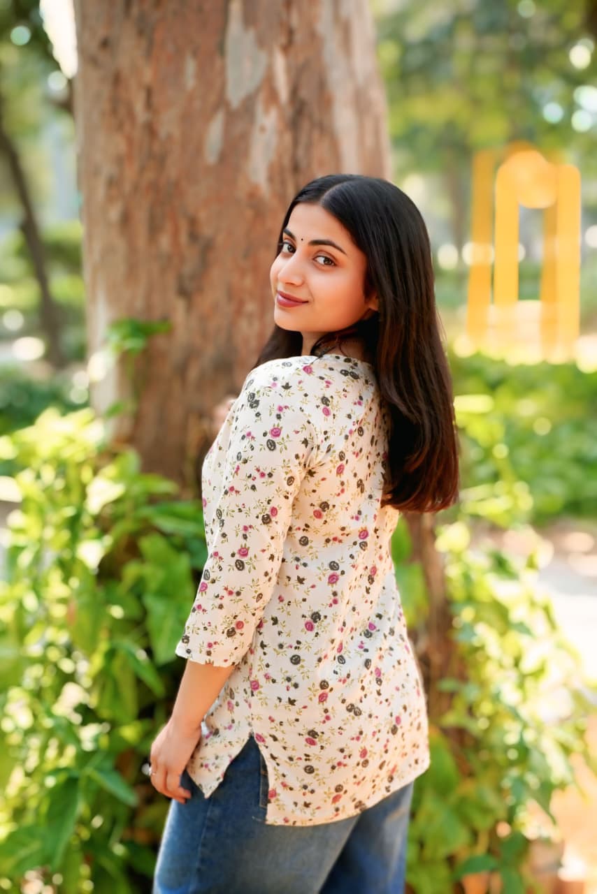 Beige Floral Women’s Short Kurti Top