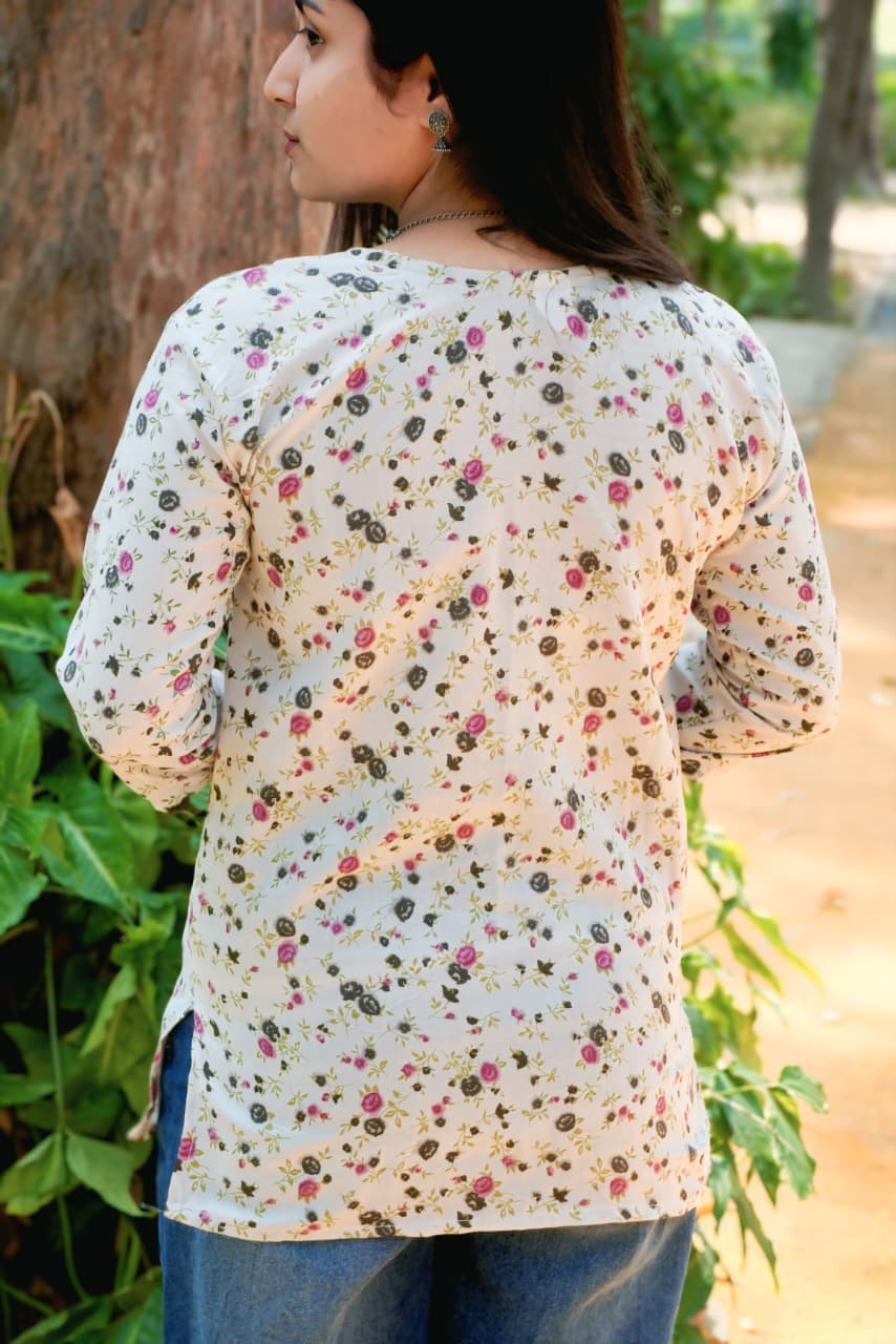 Beige Floral Women’s Short Kurti Top