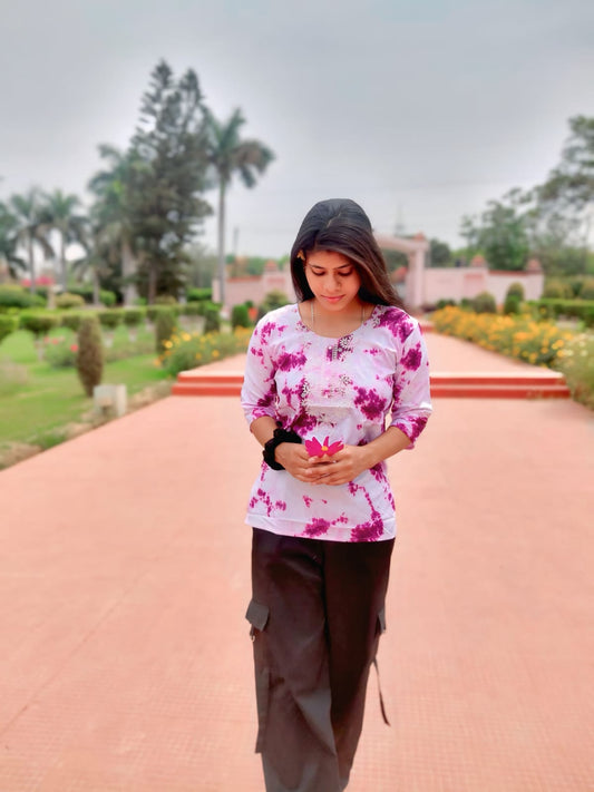 White Pink Kadai Work Kurti