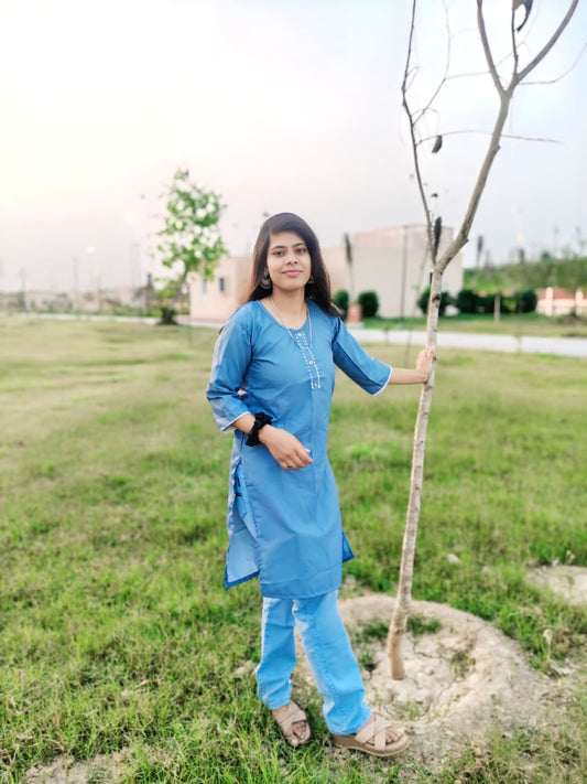 Blue Solid Long Kurti