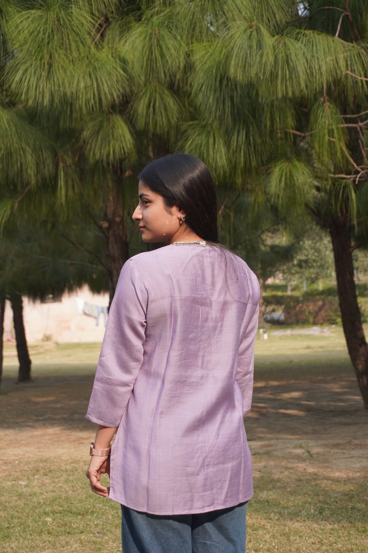 Lavender Solid Short Kurti with Embellished Neckline