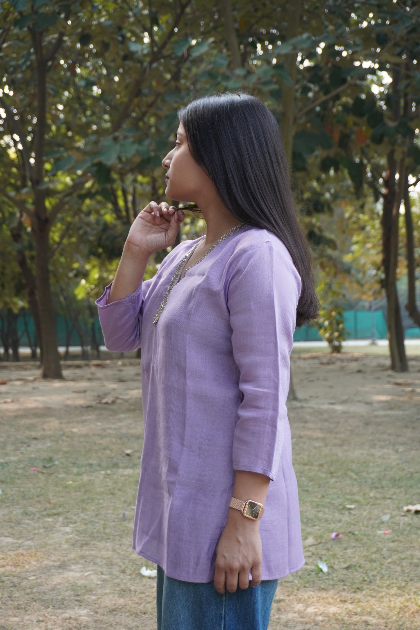 Lavender Solid Short Kurti with Embellished Neckline