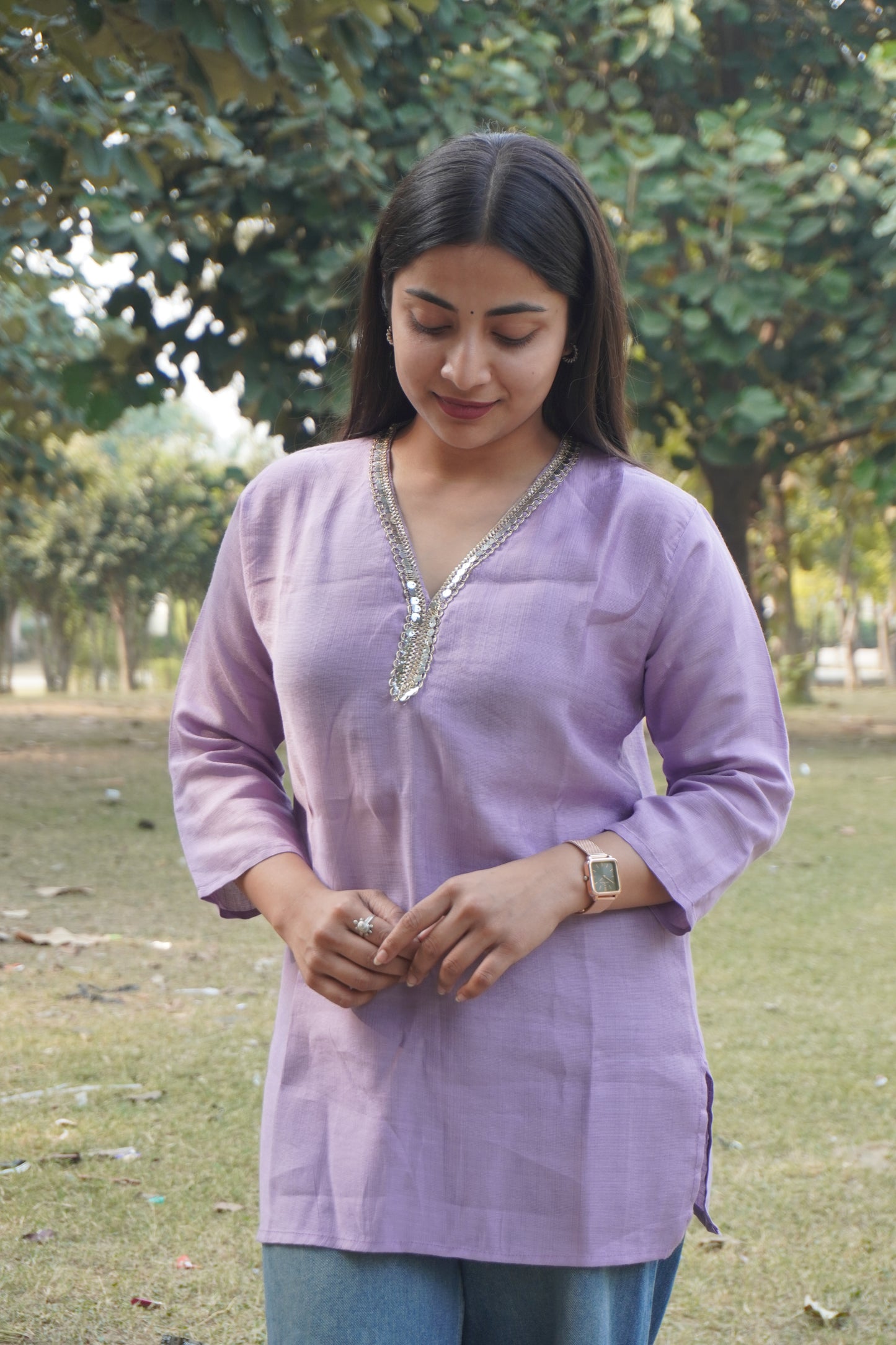 Lavender Solid Short Kurti with Embellished Neckline