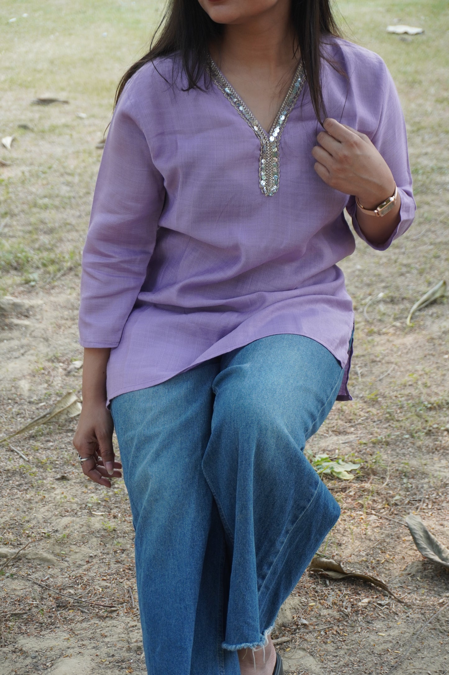 Lavender Solid Short Kurti with Embellished Neckline