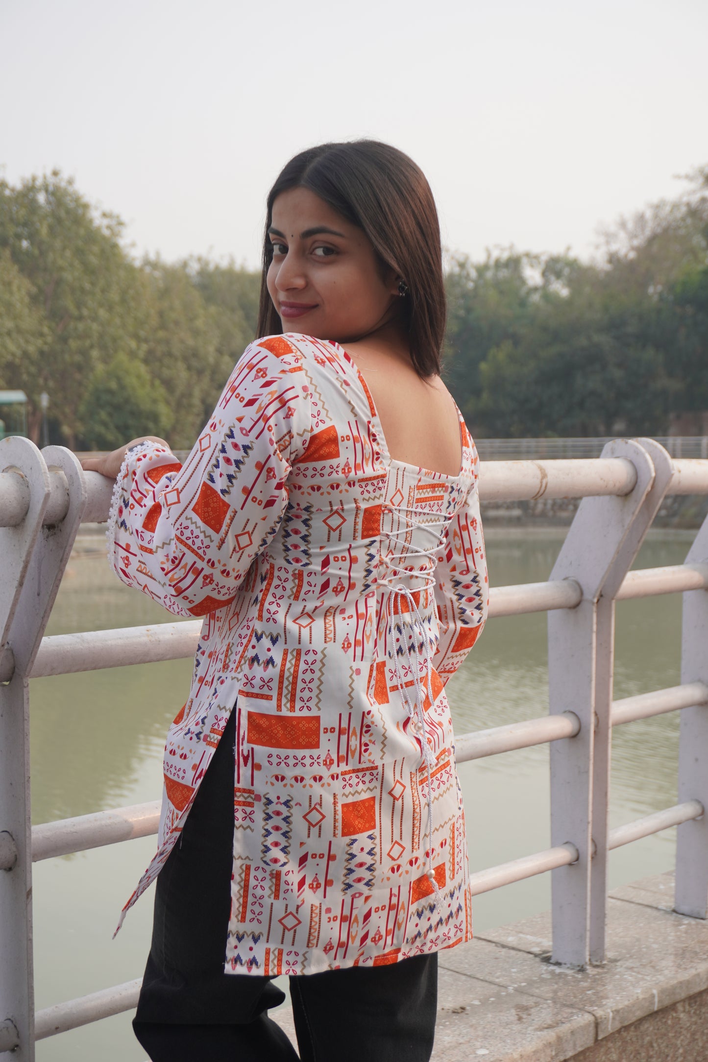 White & Orange Printed Short Kurti