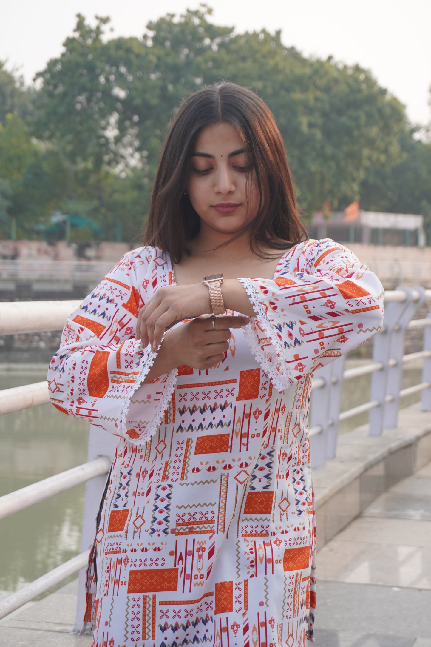 White & Orange Printed Short Kurti