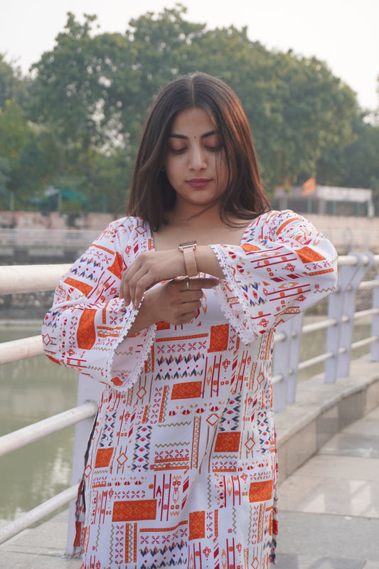 White & Orange Printed Short Kurti