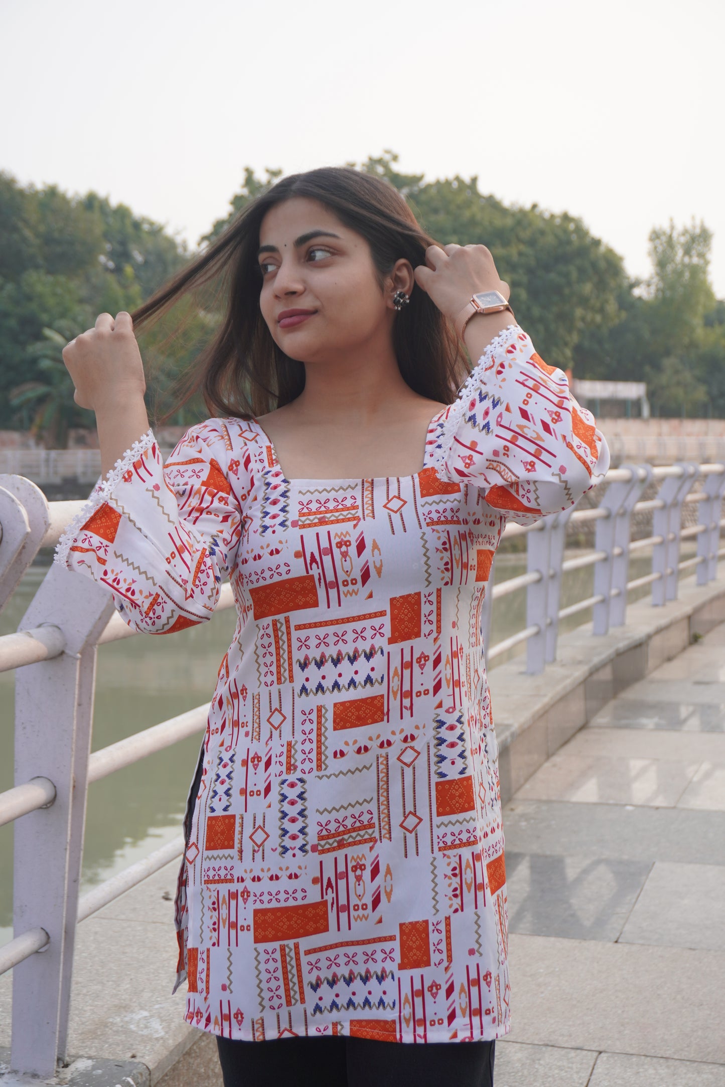 White & Orange Printed Short Kurti