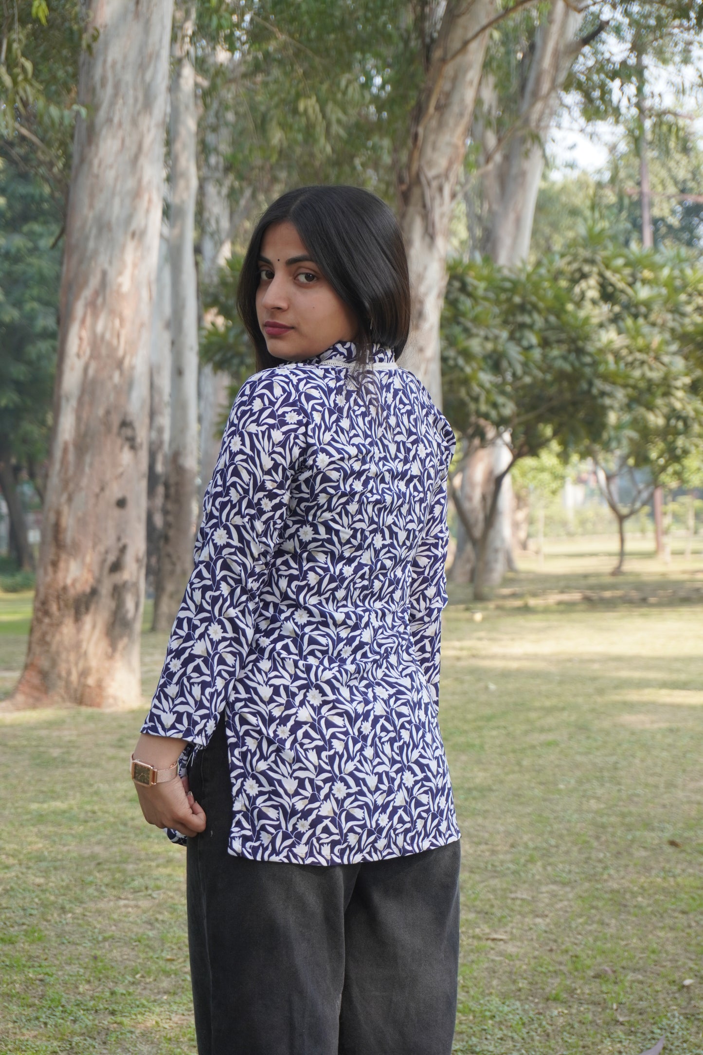 Navy Blue Floral Print Long Sleeve Kurti