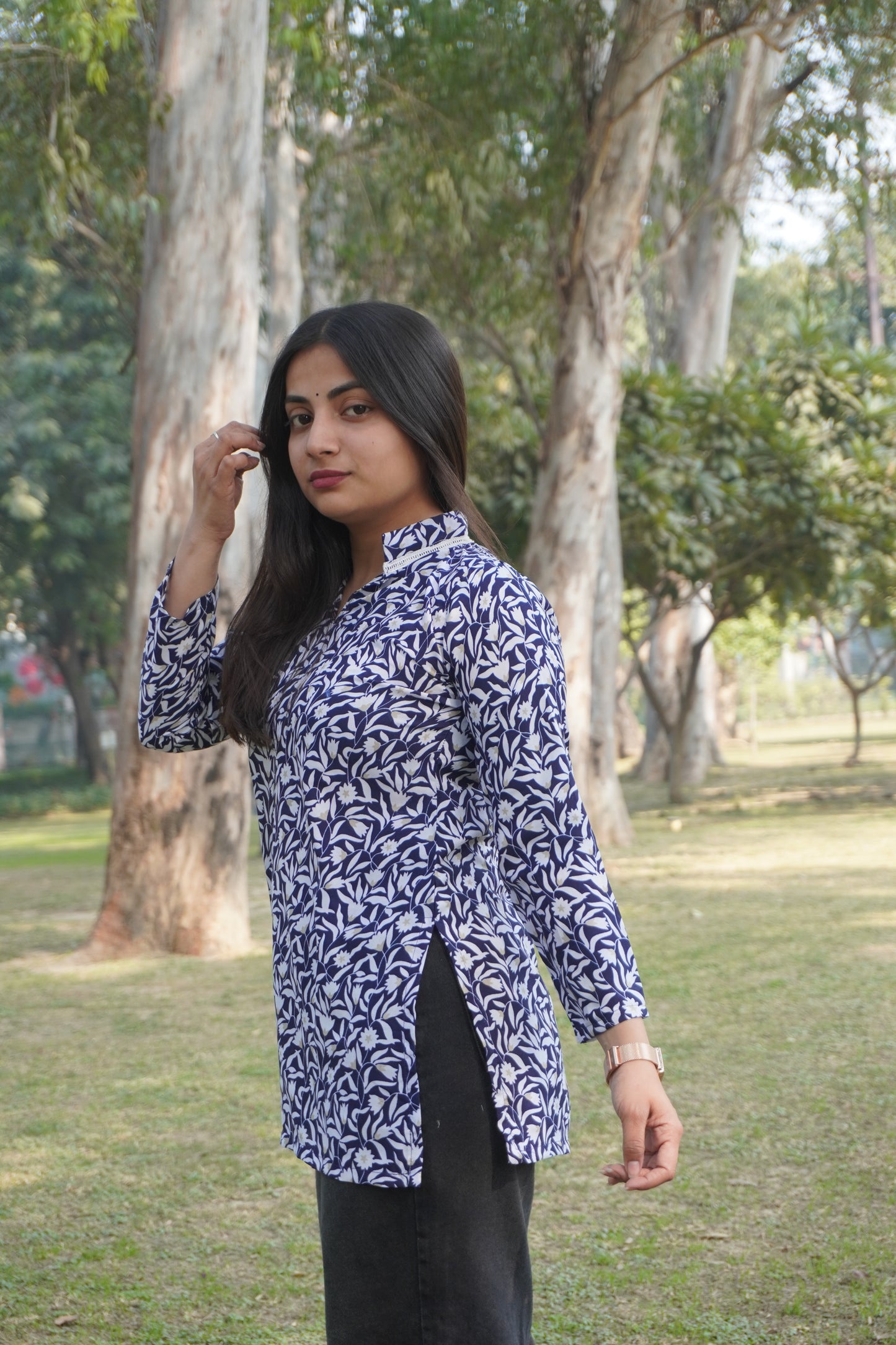 Navy Blue Floral Print Long Sleeve Kurti