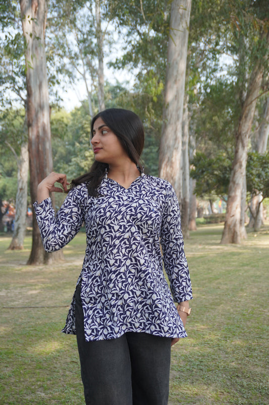 Navy Blue Floral Print Long Sleeve Kurti