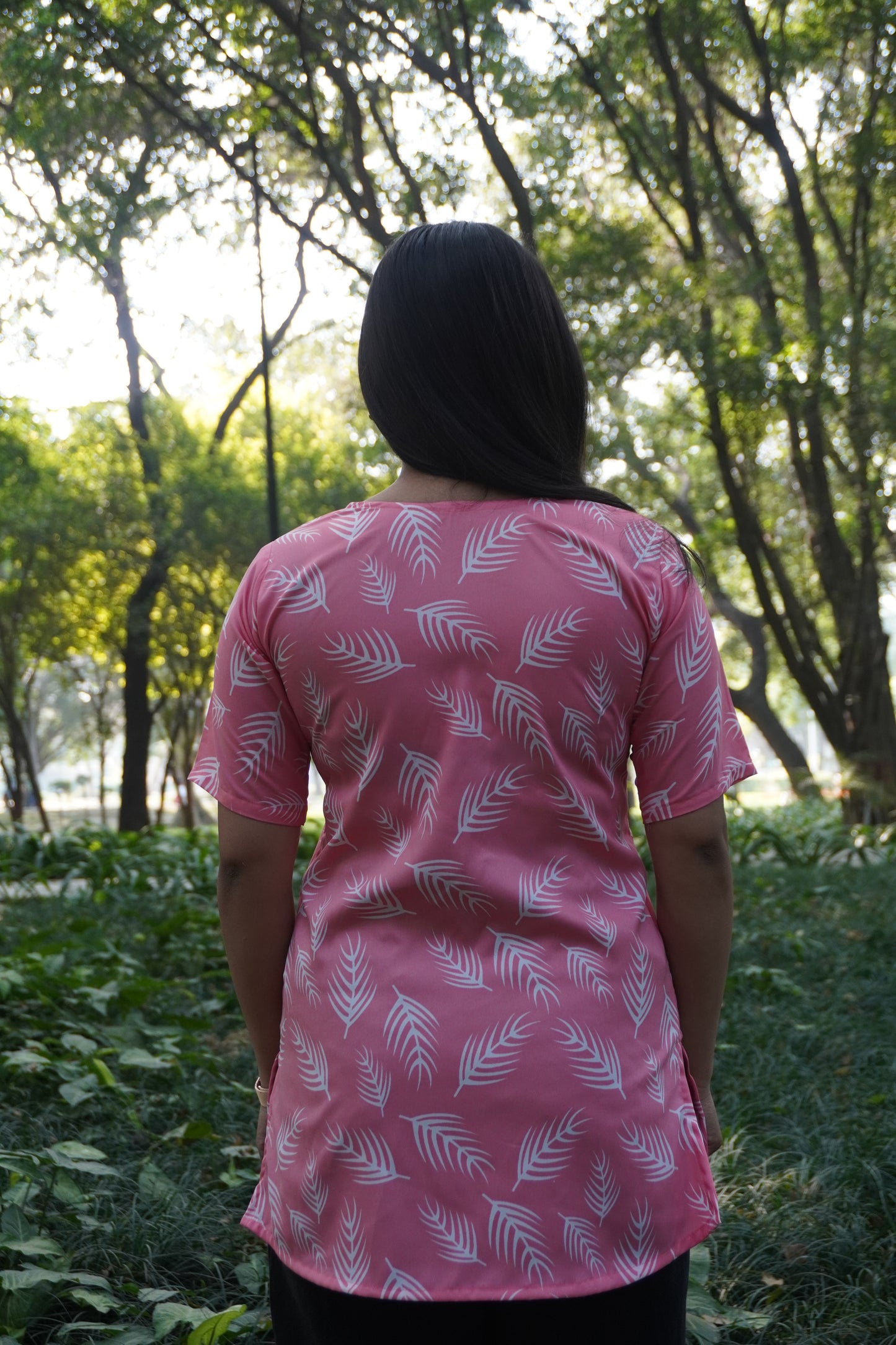 Pink Leaf Print Women’s Kurti Top
