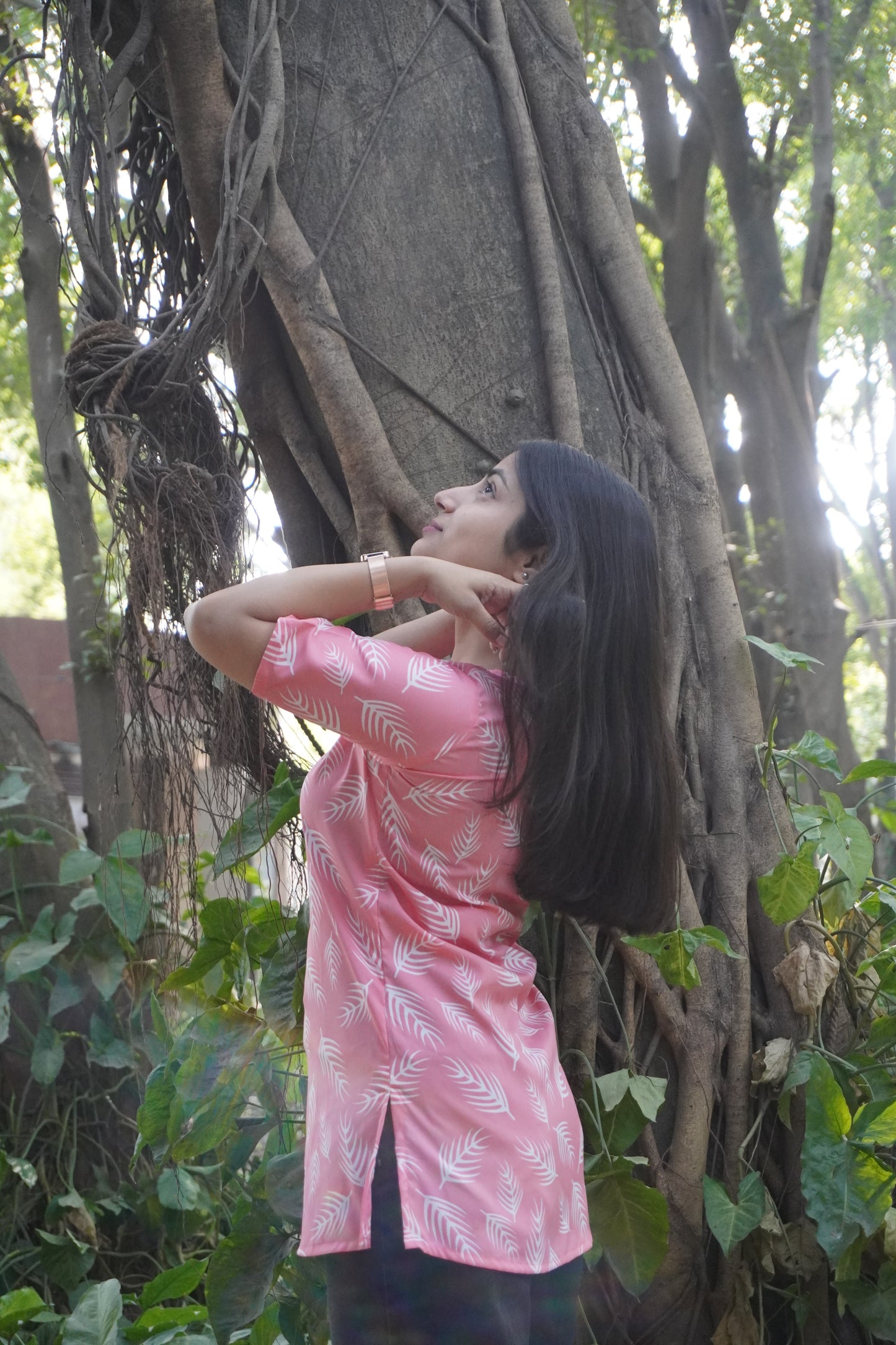 Pink Leaf Print Women’s Kurti Top