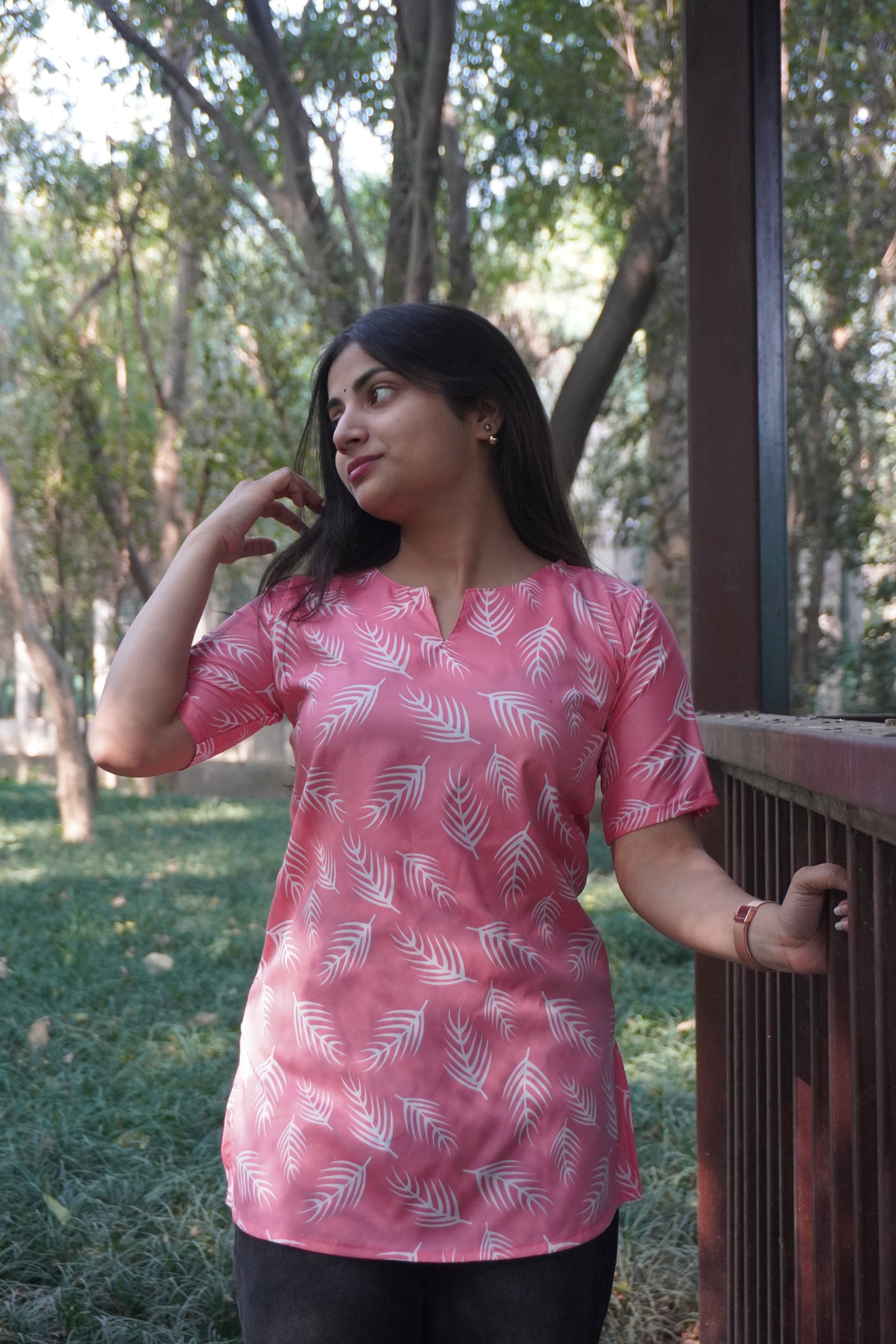 Pink Leaf Print Women’s Kurti Top