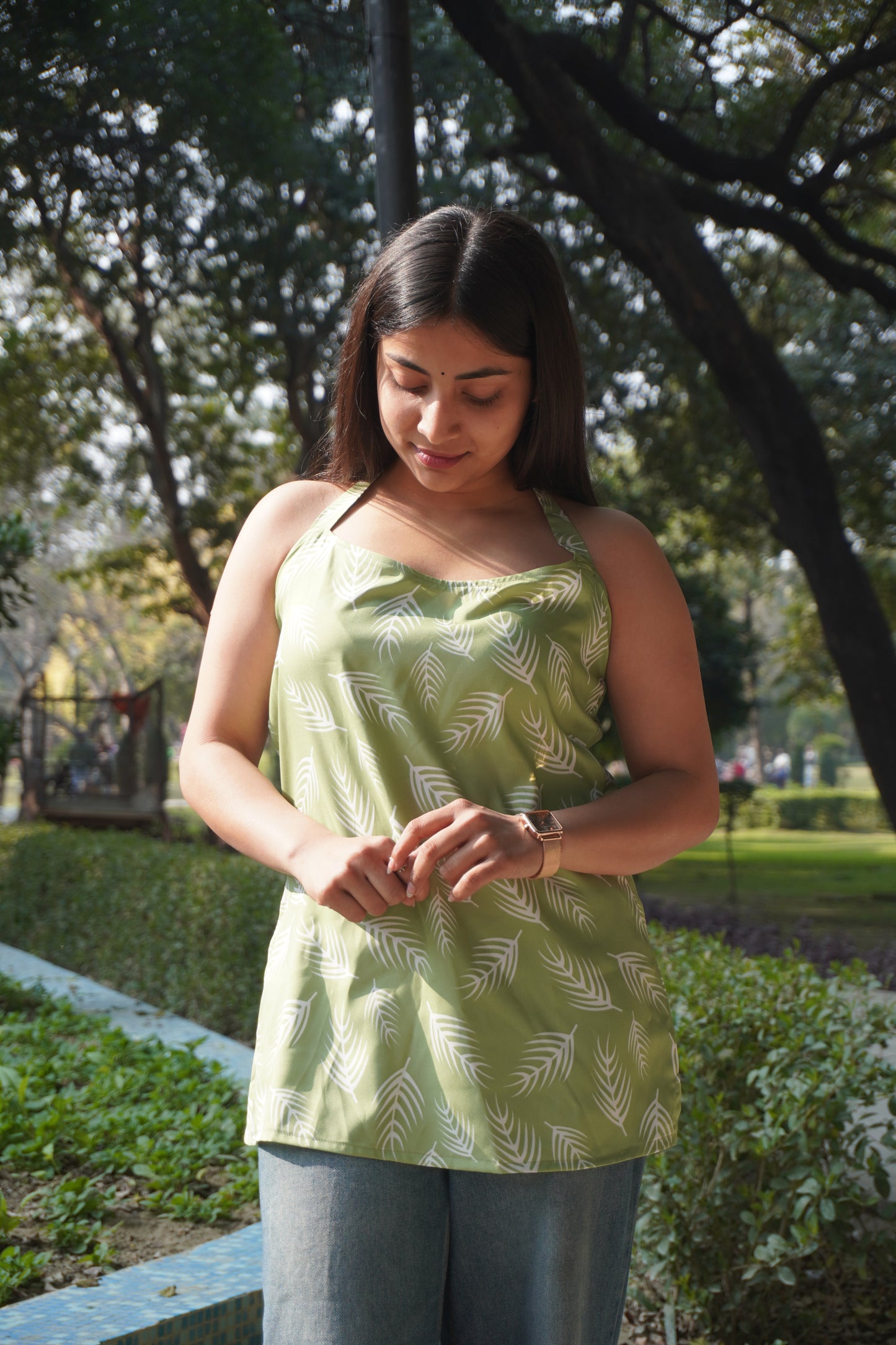 Green Printed Sleeveless Kurti Top