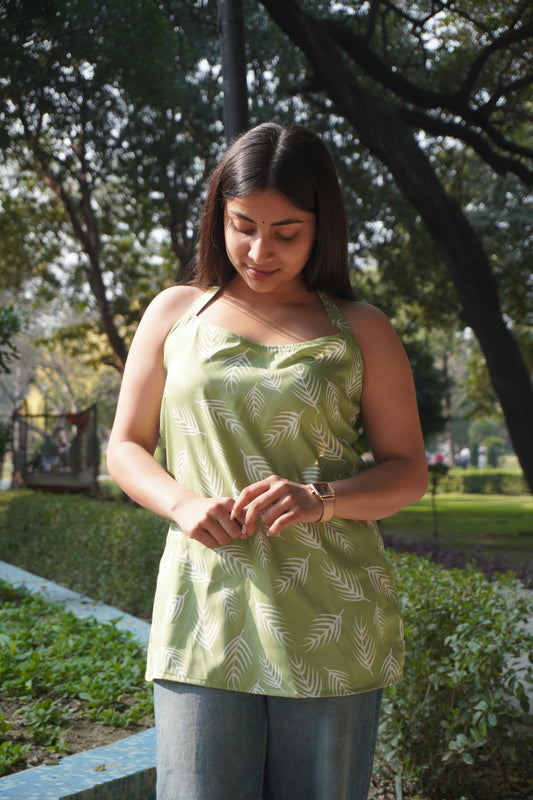 Green Printed Sleeveless Kurti Top