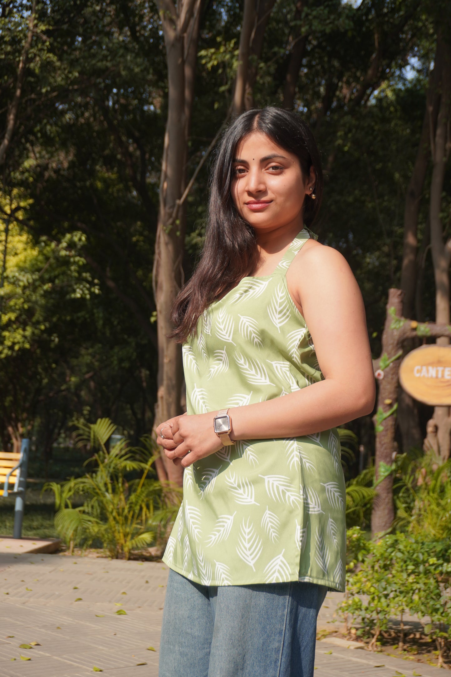 Green Printed Sleeveless Kurti Top