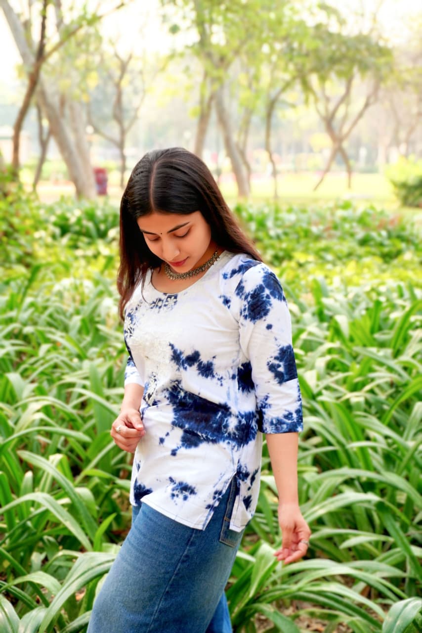 Blue Tie-Dye Women’s Short Kurti Top