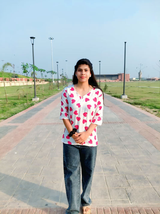 White Pink Heart Print Casual Kurti