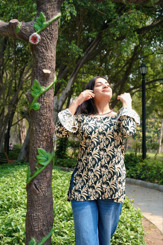 Green Floral Print Women’s Short Kurti