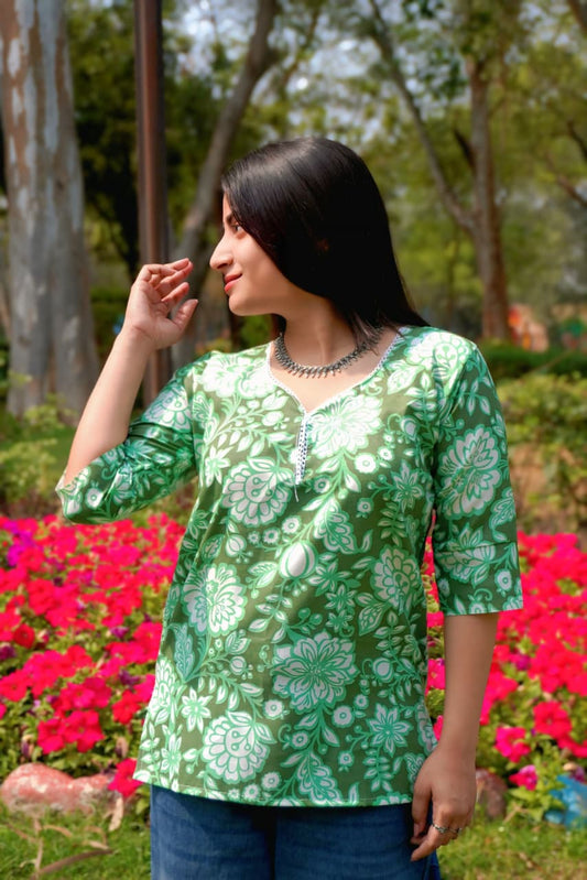 Women’s Green Floral Short Kurti