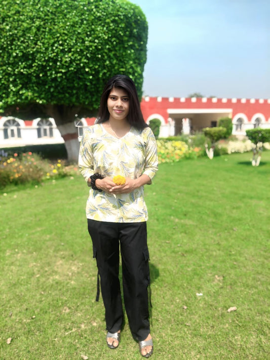 White Green Leaf Print Kurti