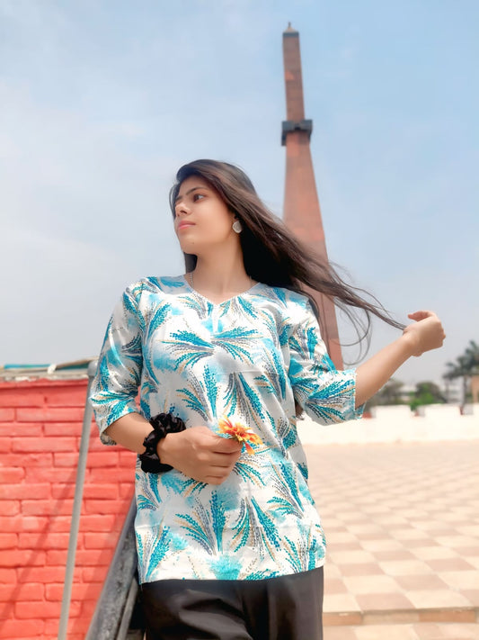 Sky Blue Floral Short Kurti