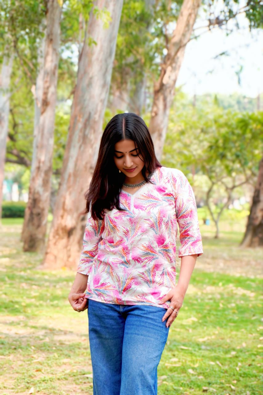 Women’s Floral Short Kurti Top – Casual Daily Wear | Soft Cotton | 3/4 Sleeve